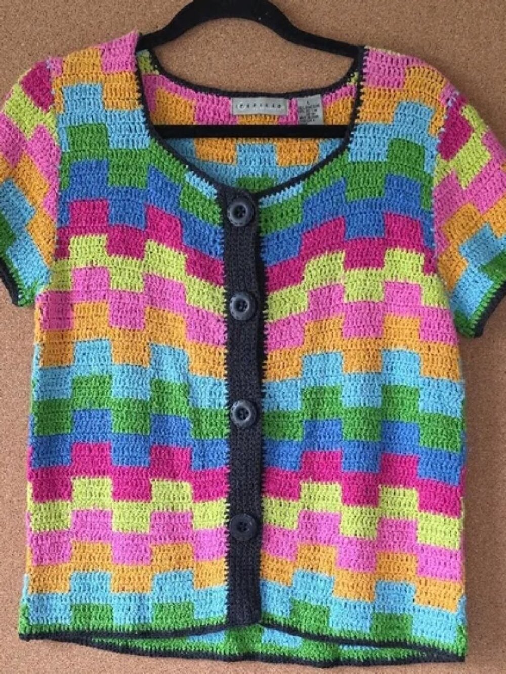 Clements Belle Pointe Colorblock Crochet Cardigan L Multicolor Retro Knit